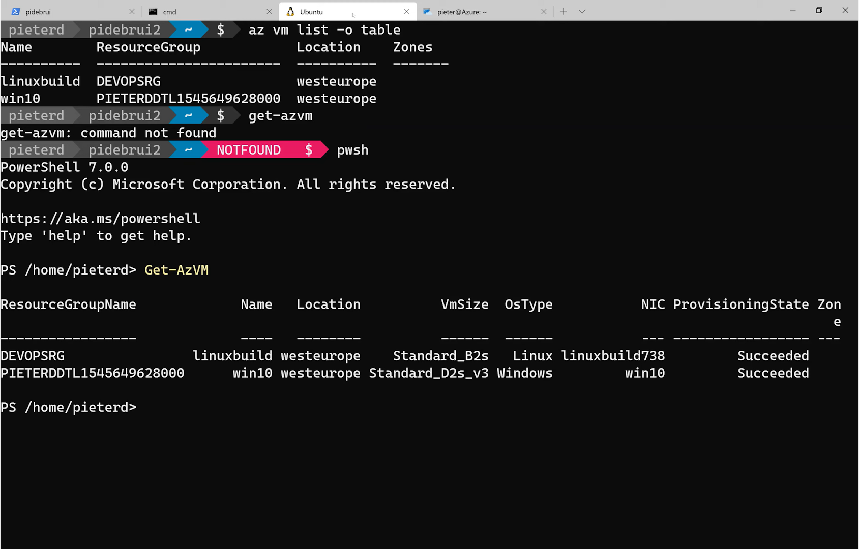 Accessing Microsoft Azure using powershell or cli from Windows and Linux in Windows Terminal