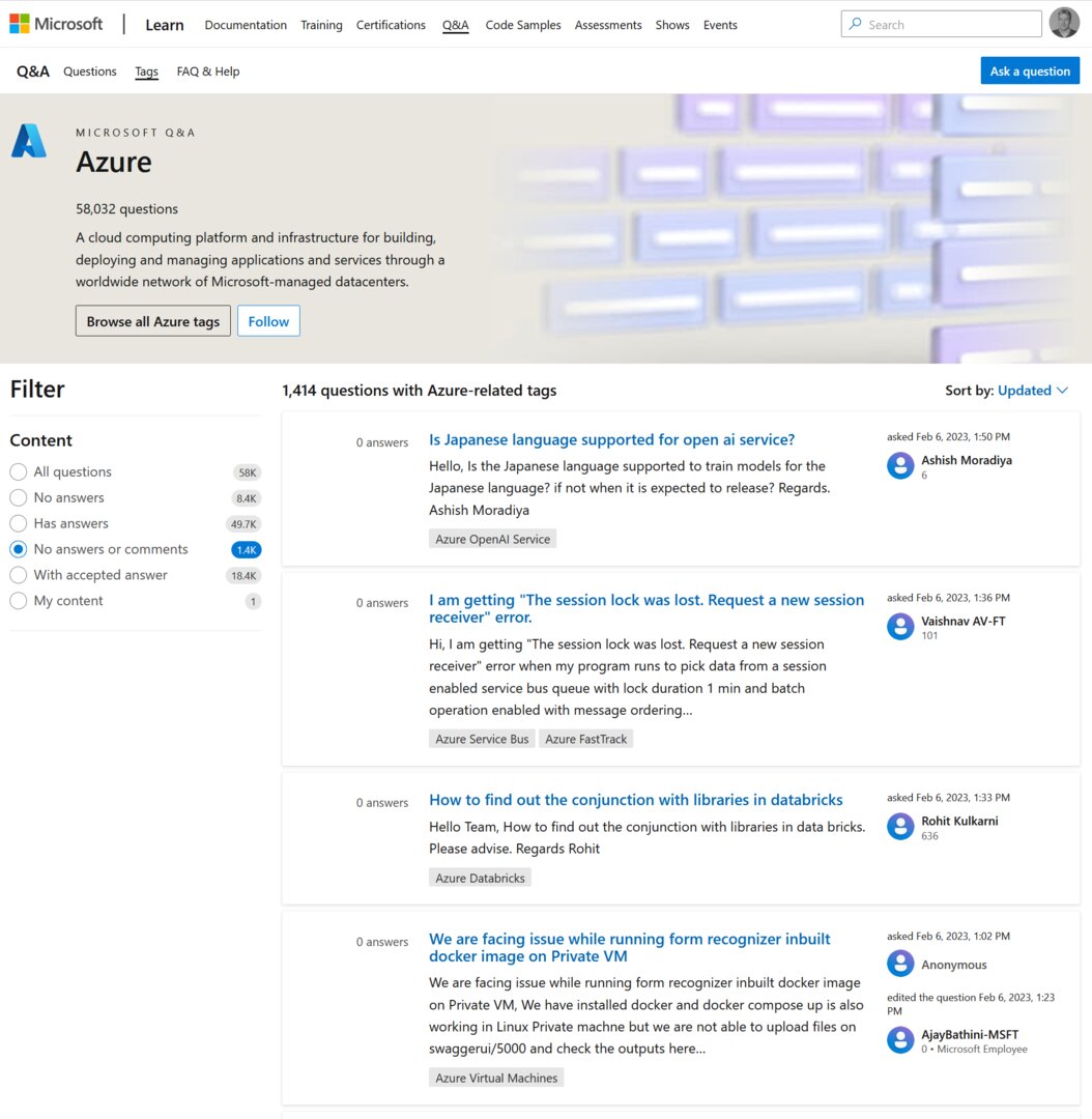 Microsoft Q&A platform interface with light and dark theme support