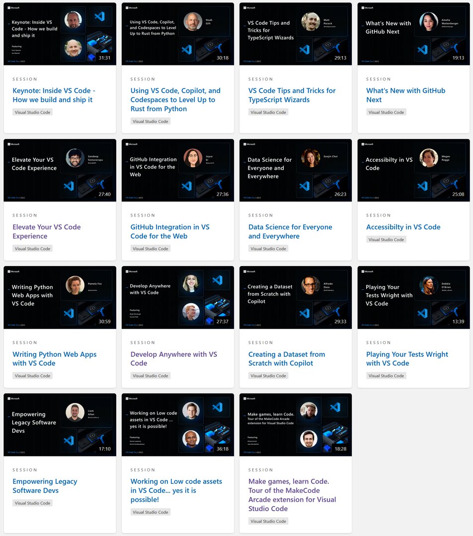 VS Code Day 2023 event banner with session topics