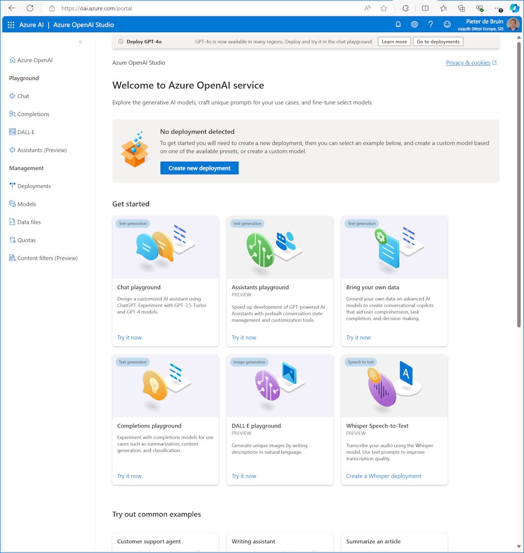 Azure OpenAI Studio welcome page showing Chat, Assistants, DALL-E, and Whisper playgrounds with Get started cards