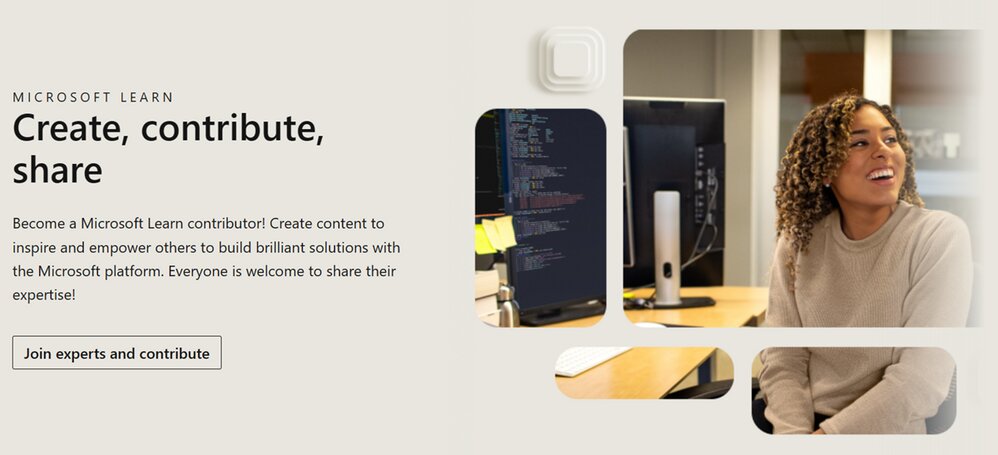 Microsoft Learn contributor home page with Create, contribute, share headline and Join experts and contribute call to action