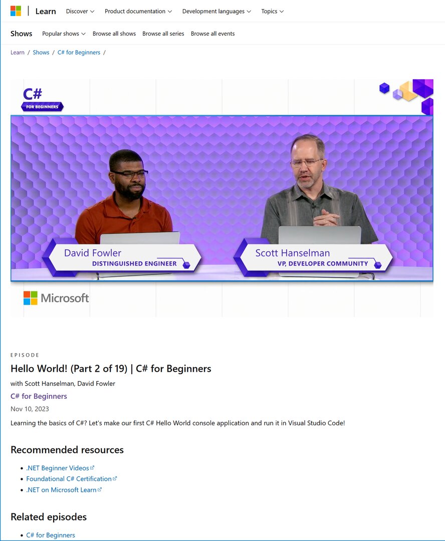 C# for Beginners show page on Microsoft Learn featuring David Fowler and Scott Hanselman presenting Hello World episode