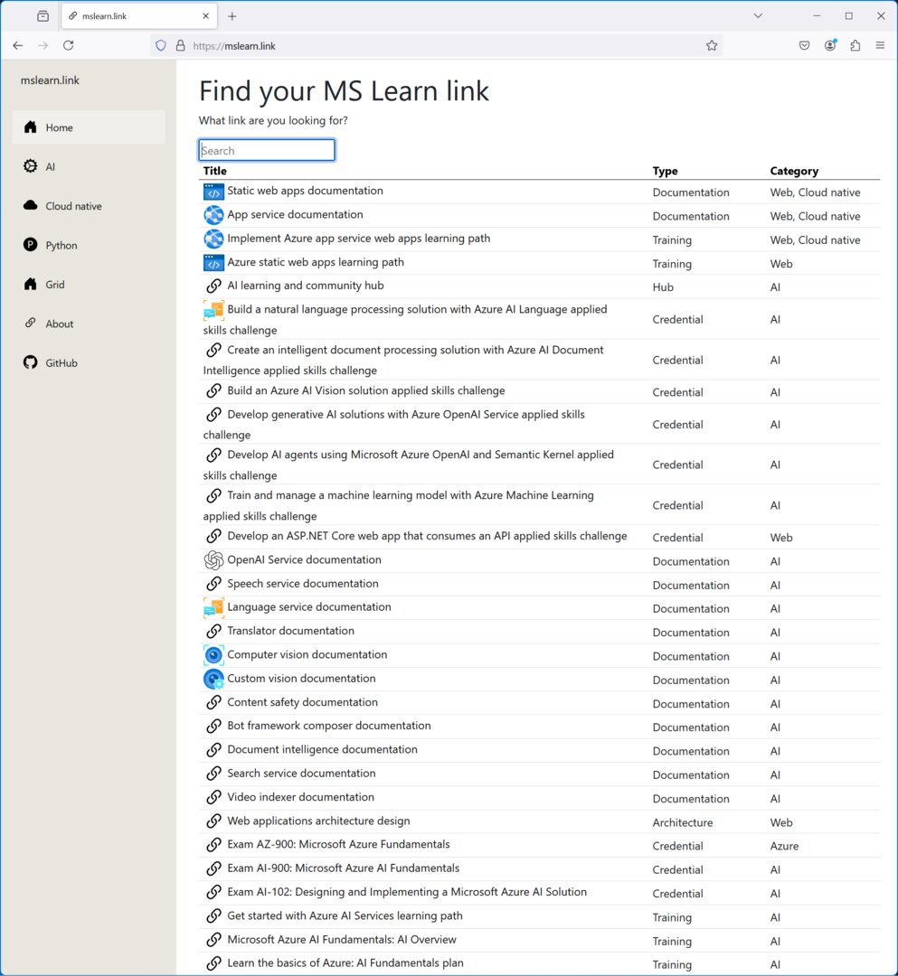 mslearn.link website showing searchable table of Microsoft Learn links organized by title, type, and category