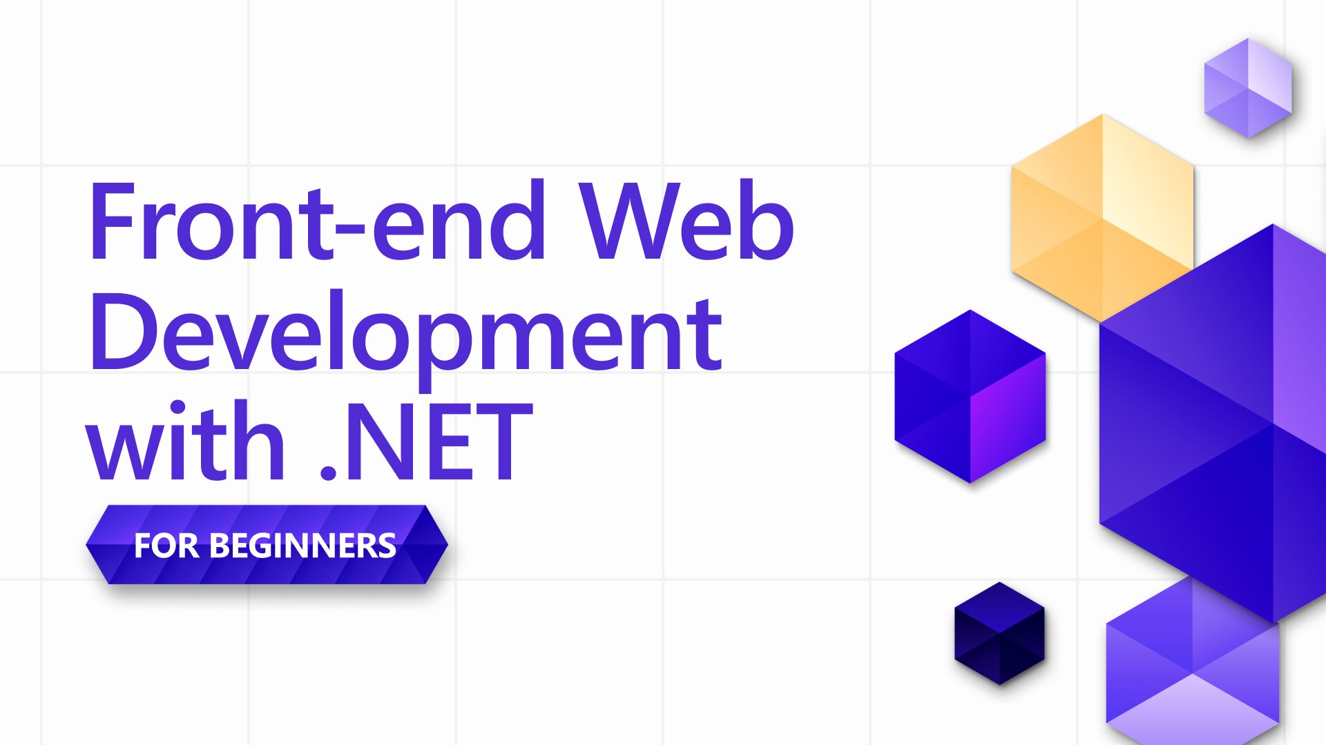 Front-end Web Development with .NET for Beginners promotional graphic with purple geometric cube shapes