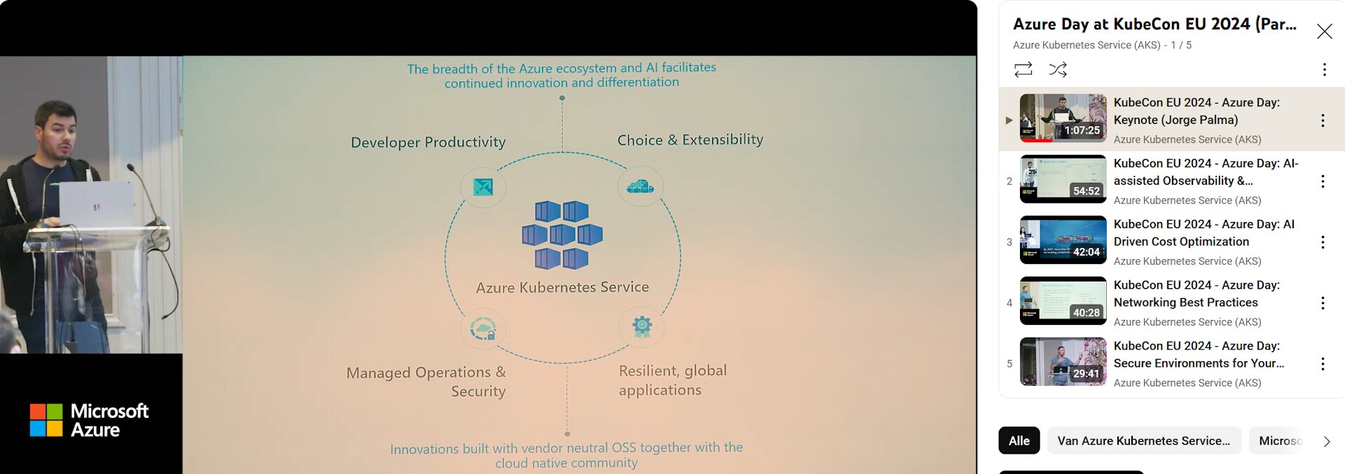 Azure Day at KubeCon EU 2024 YouTube playlist with keynote showing AKS capabilities for developer productivity and resilient applications