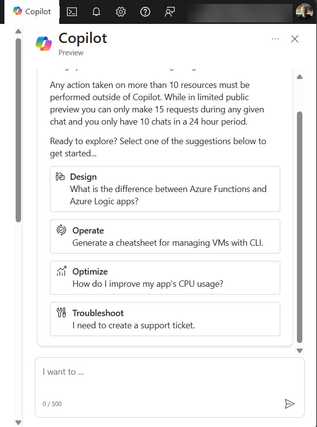 Microsoft Copilot in Azure preview panel showing Design, Operate, Optimize, and Troubleshoot suggestion categories