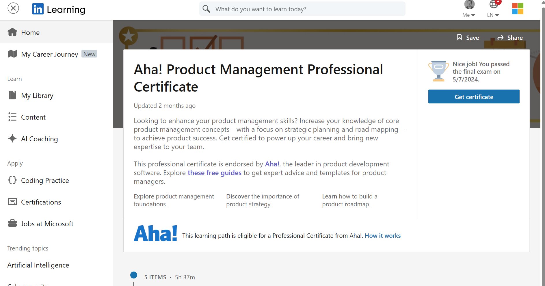 LinkedIn Learning completion page for Aha! Product Management Professional Certificate with Get Certificate button