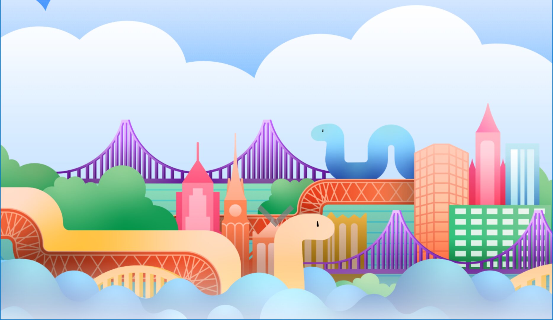 PyCon US 2024 colorful illustration of Pittsburgh skyline with Python snake mascots weaving through bridges and buildings