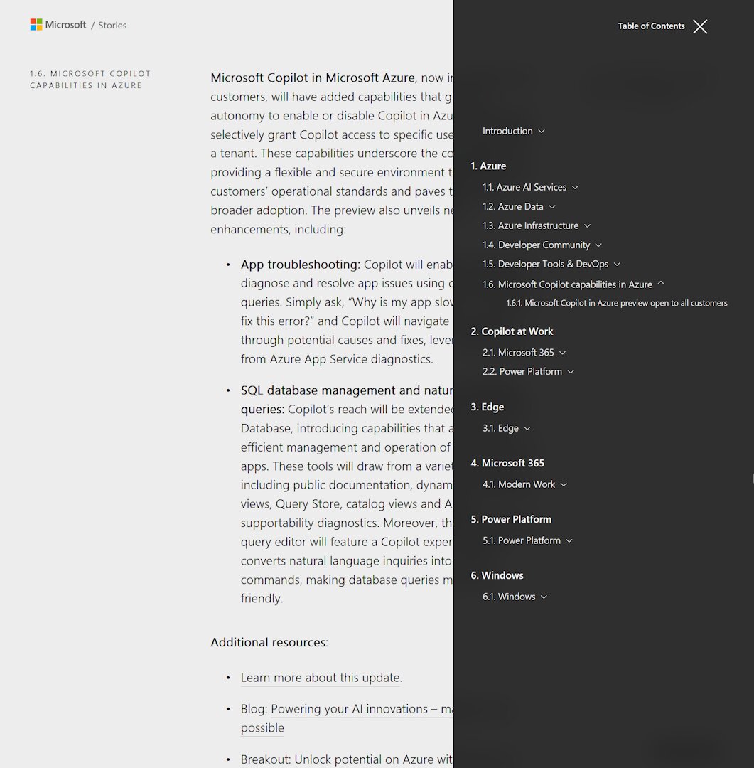 Microsoft Build 2024 Book of News page showing Copilot capabilities in Azure with table of contents covering AI, DevTools, and Edge