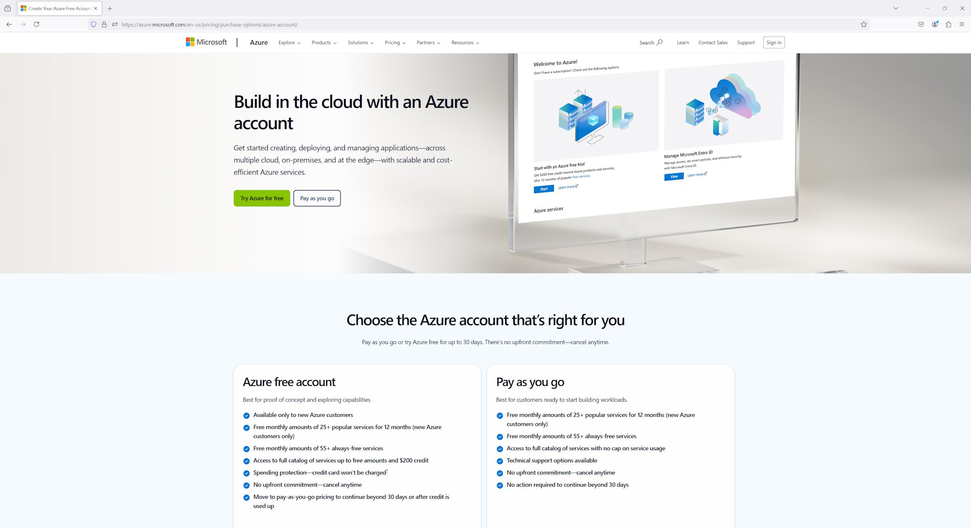 Azure pricing page comparing Azure free account and Pay as you go options with feature lists and free tier benefits