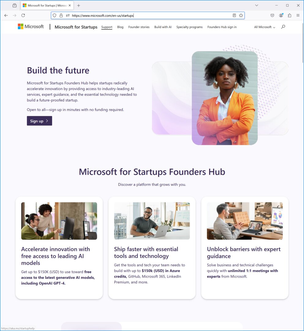 Microsoft for Startups Founders Hub page offering up to USD 150K in Azure credits, AI model access, and expert guidance