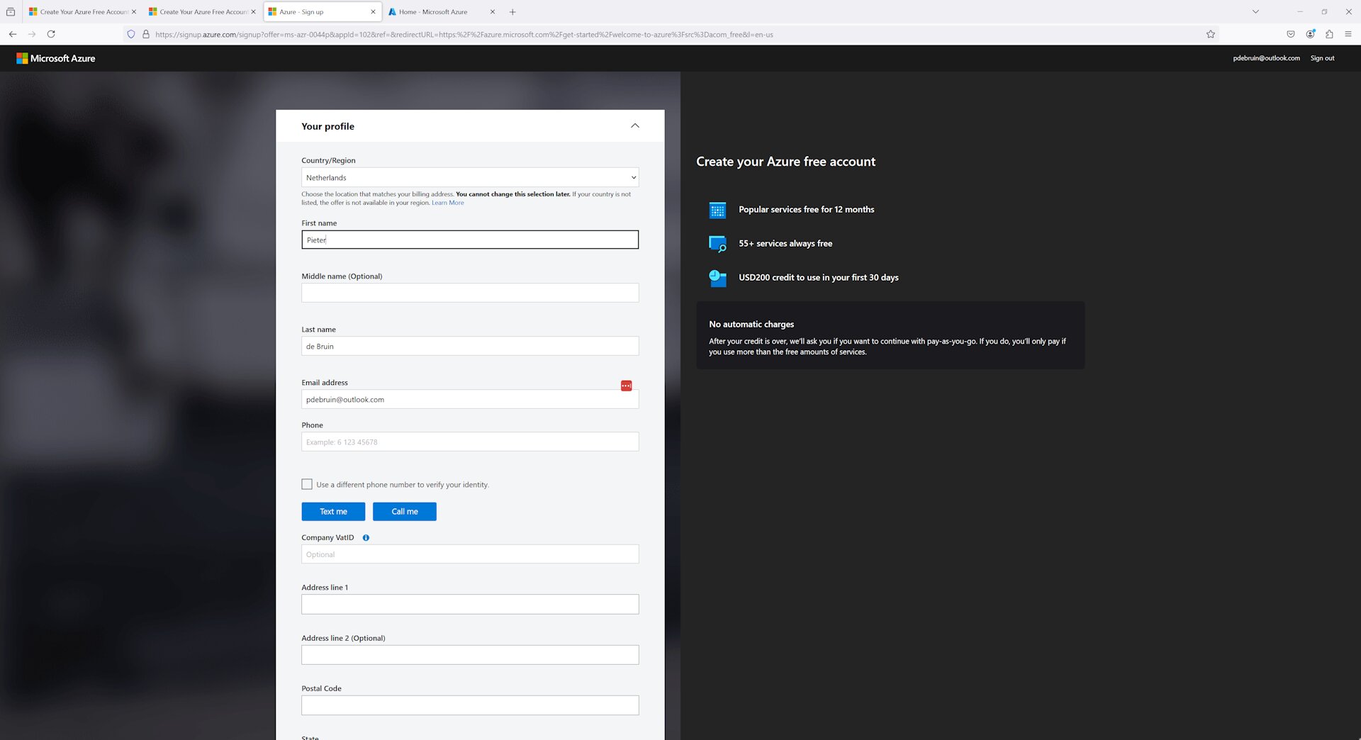 Azure free account signup form with profile fields, showing free tier benefits including USD 200 credit and 55+ always-free services