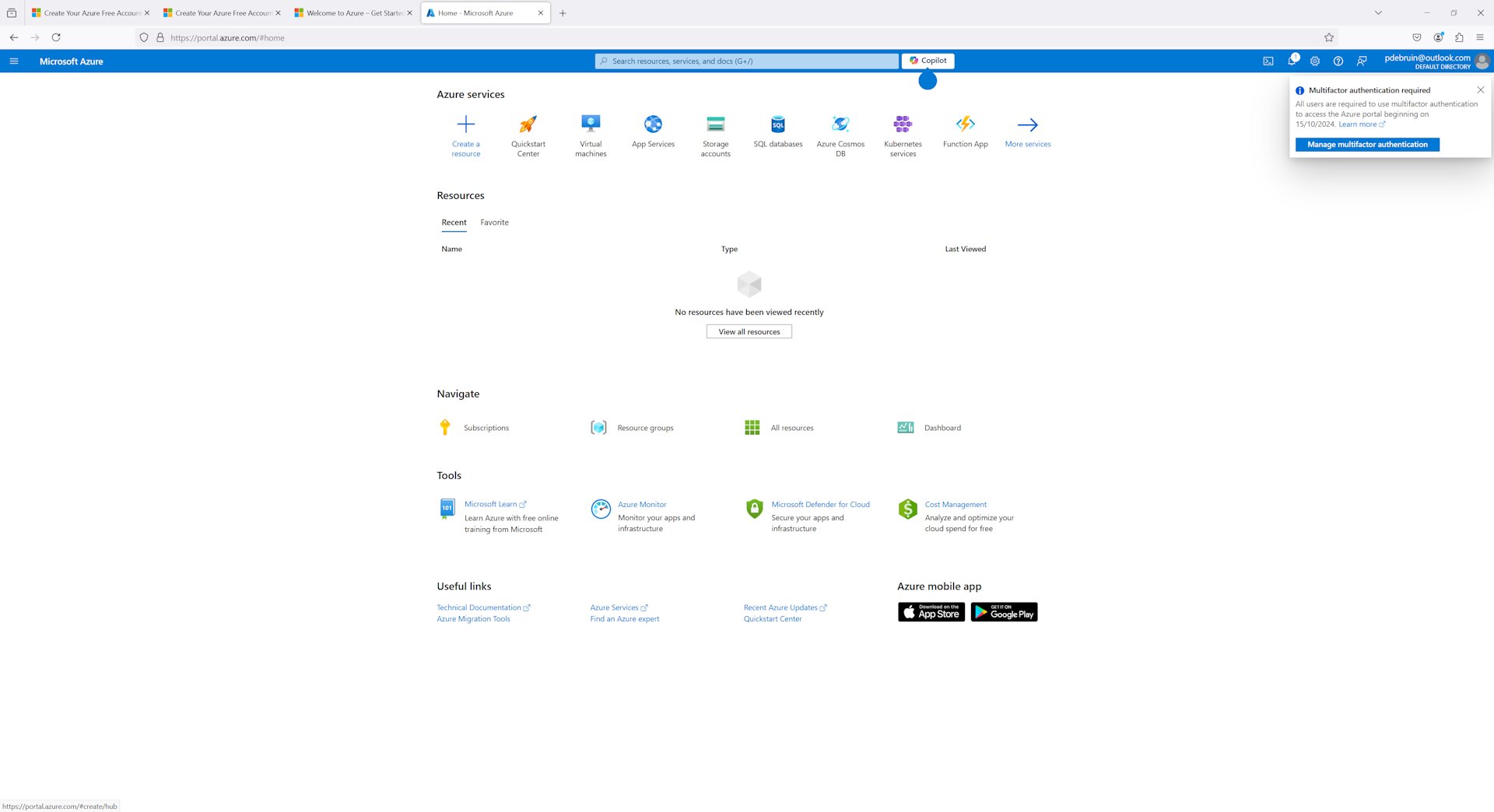 Azure Portal home page for new account showing Azure services, navigation links, and MFA requirement notification
