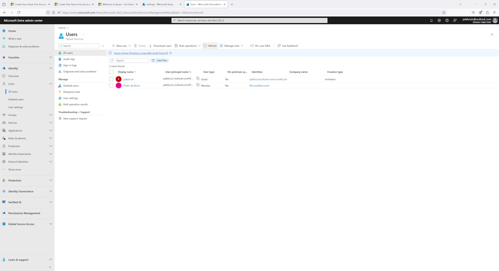 Microsoft Entra admin center Users page showing two users in the Default Directory with Guest and Member types