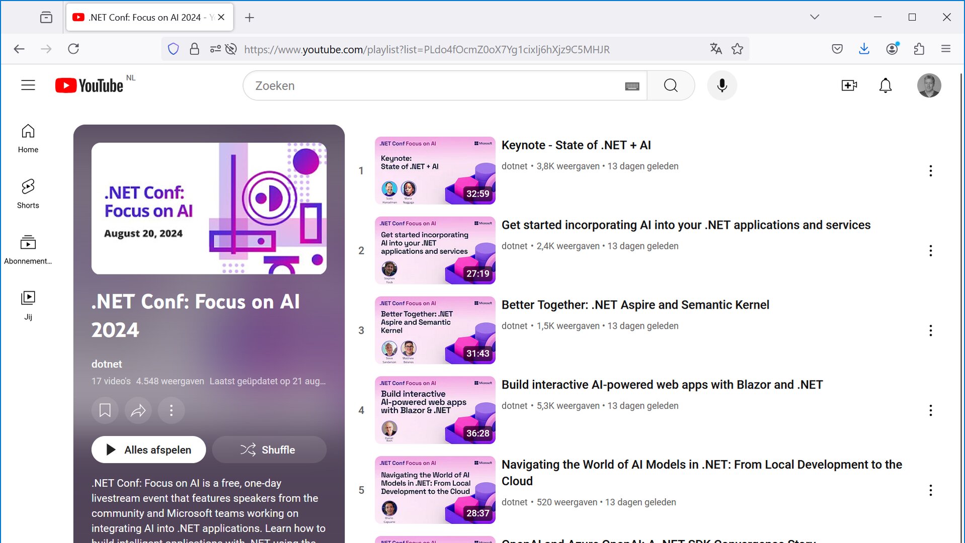 YouTube playlist for .NET Conf Focus on AI 2024 with 17 sessions on integrating AI into .NET applications
