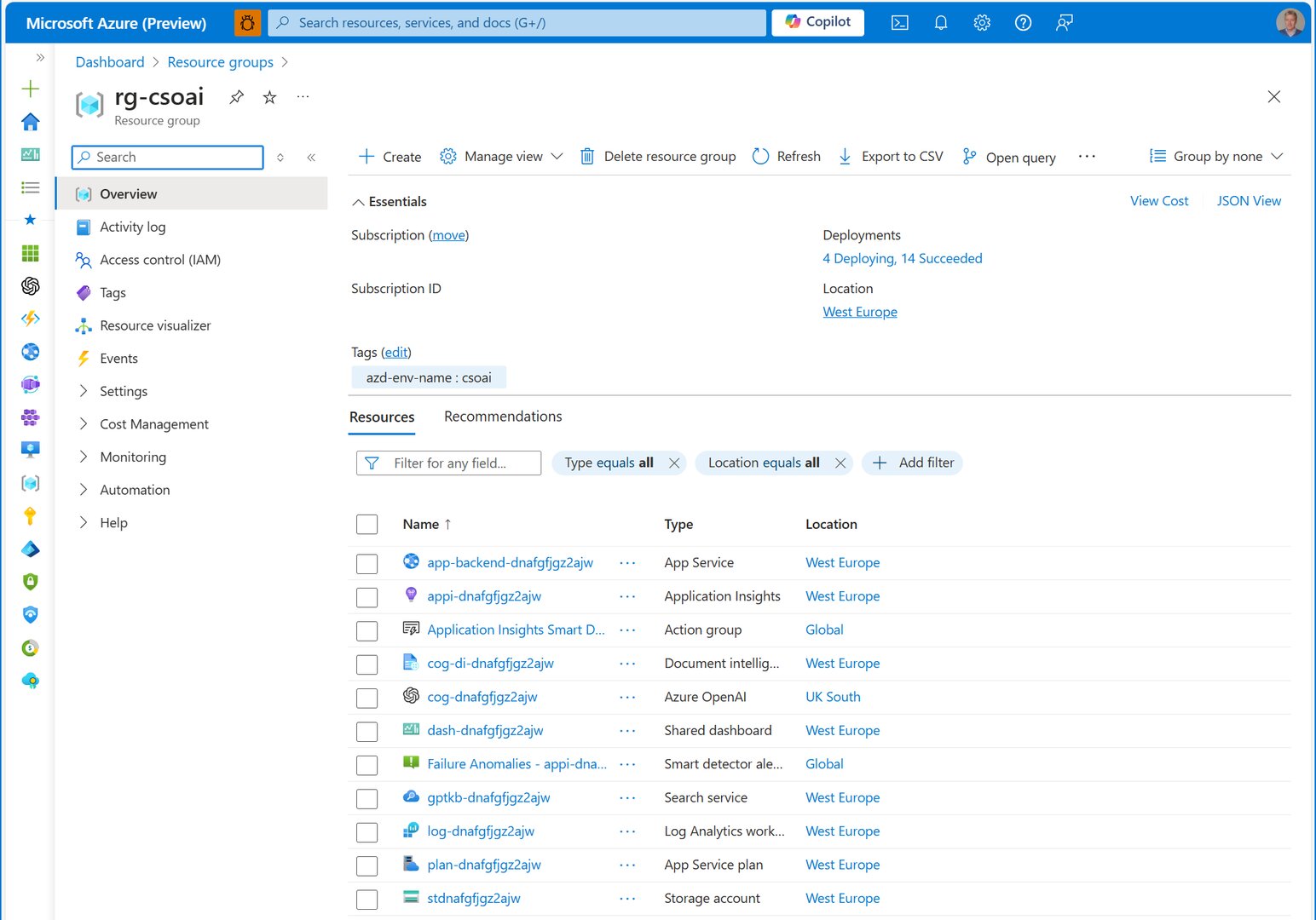 Azure Portal resource group showing deployed Azure Search OpenAI demo resources including App Service, OpenAI, and Search