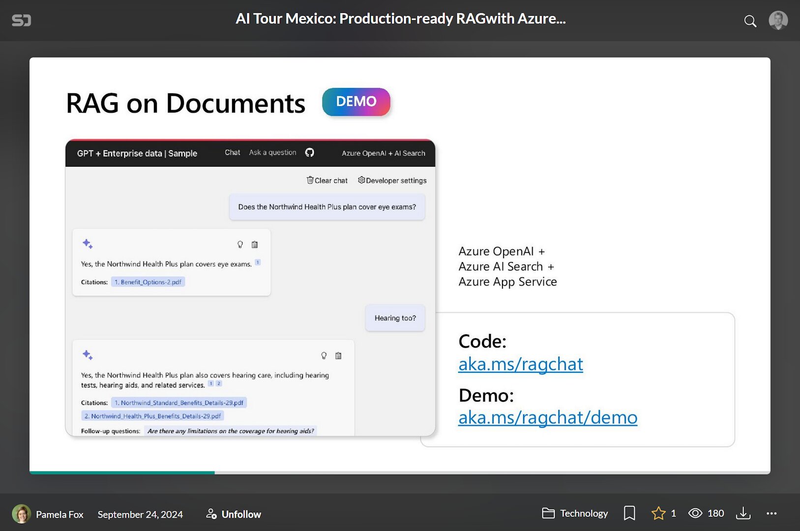 Pamela Fox presentation slide showing RAG on Documents demo with Azure OpenAI and AI Search chat interface