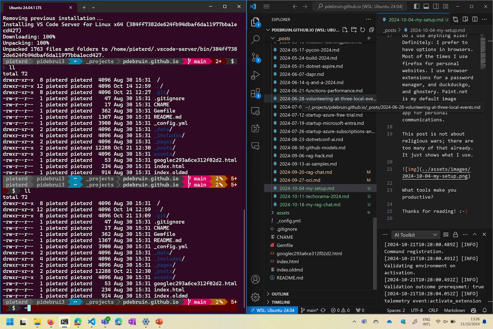 Developer setup showing Ubuntu terminal and VS Code side by side with blog repository open in WSL