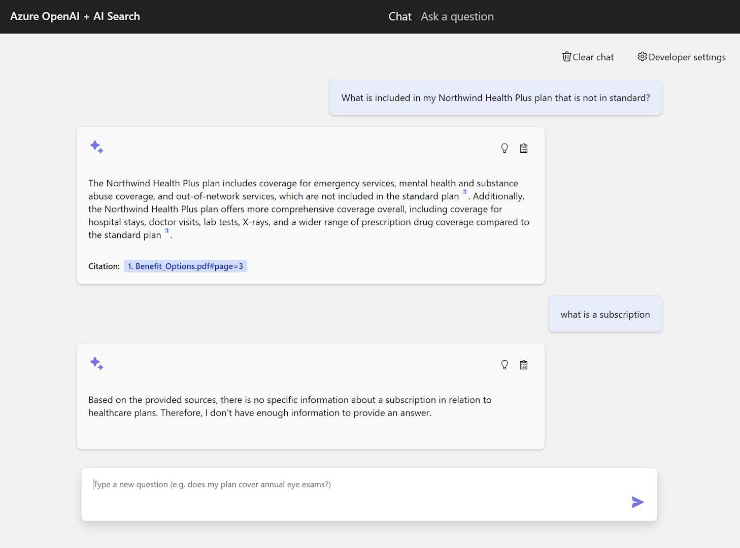 RAG chat app with default Northwind health plan data answering questions about plan coverage with citations