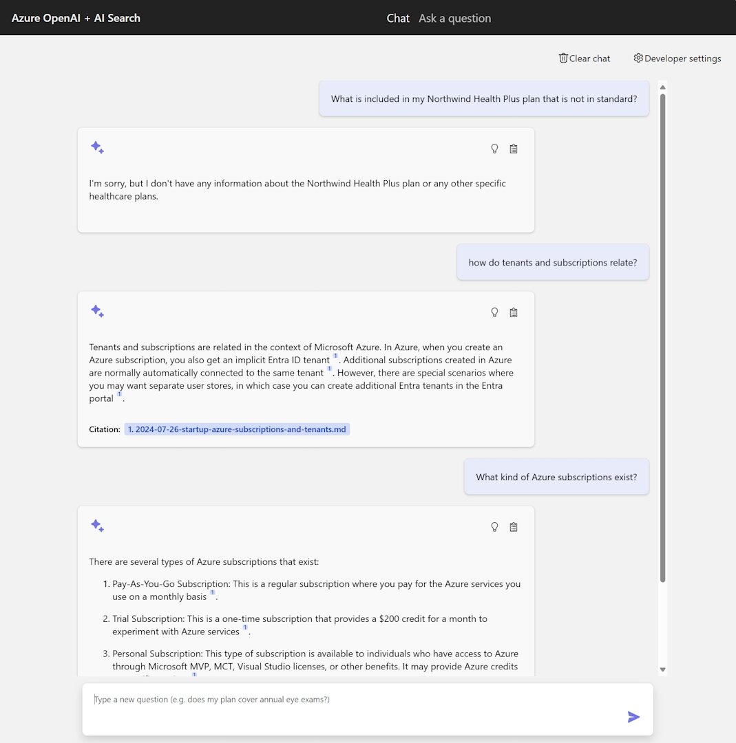 Customized RAG chat app now answering questions about Azure tenants and subscriptions using blog post data as source