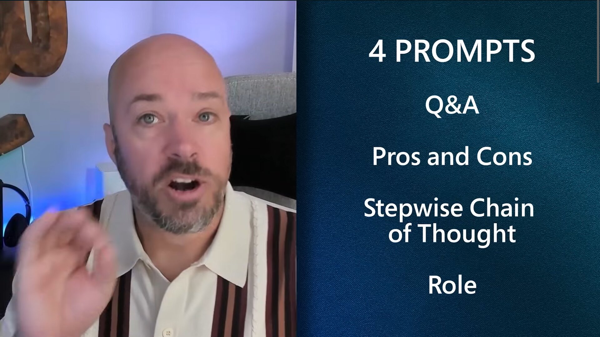 Video screenshot showing four GitHub Copilot prompt types: Q&A, Pros and Cons, Stepwise Chain of Thought, and Role
