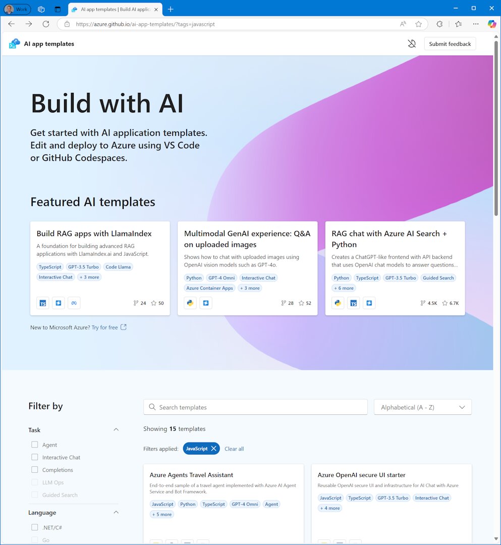 Azure AI app templates gallery showing featured templates for RAG, multimodal GenAI, and chat applications