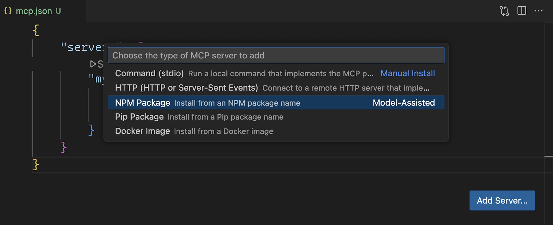 VS Code MCP server type picker showing options for Command, HTTP, NPM Package, Pip Package, and Docker Image with Add Server button