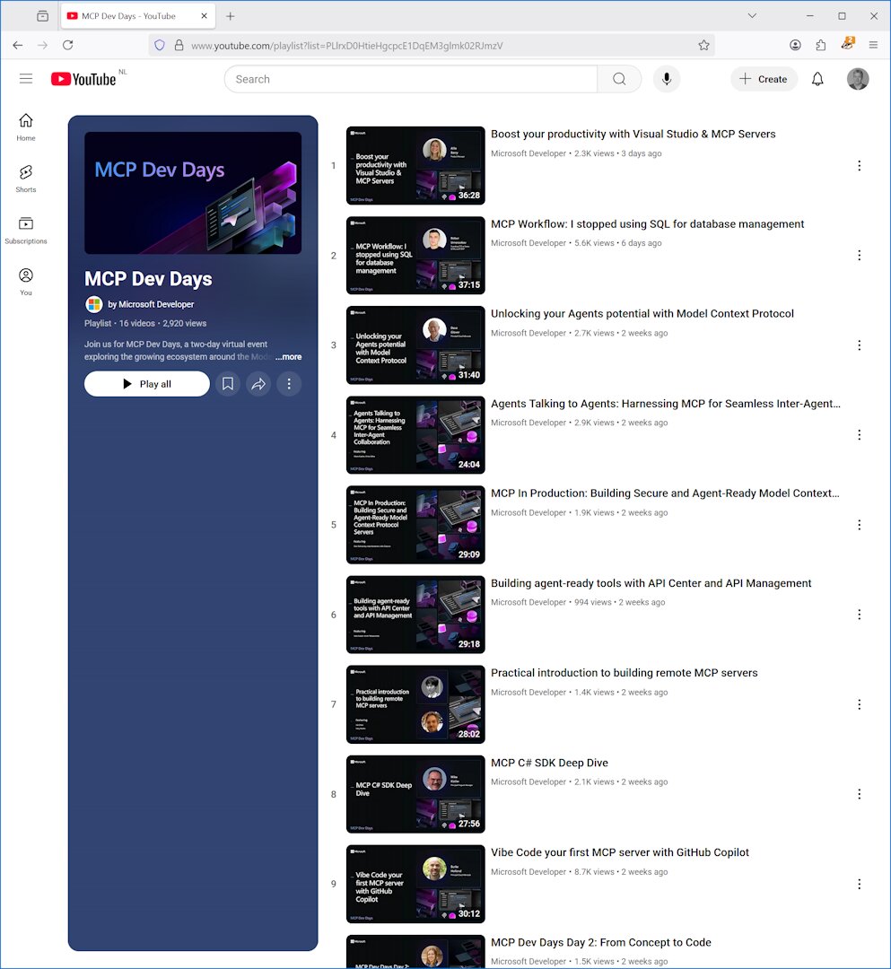 YouTube playlist for MCP Dev Days by Microsoft Developer showing 16 sessions on MCP topics including productivity, security, and SDK deep dives