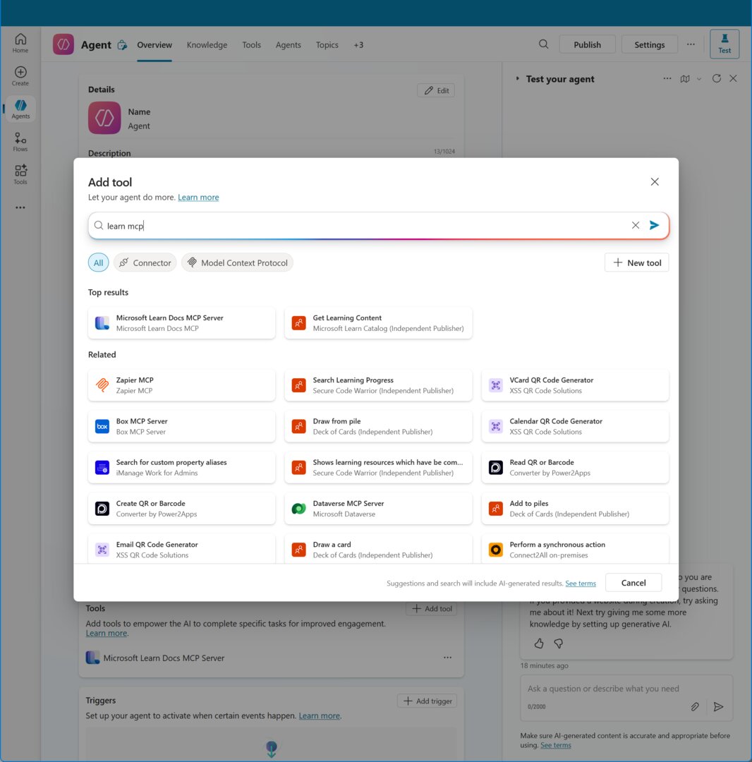 Copilot Studio Add tool wizard searching for Learn MCP, showing Microsoft Learn Docs MCP Server as a top result alongside other connectors