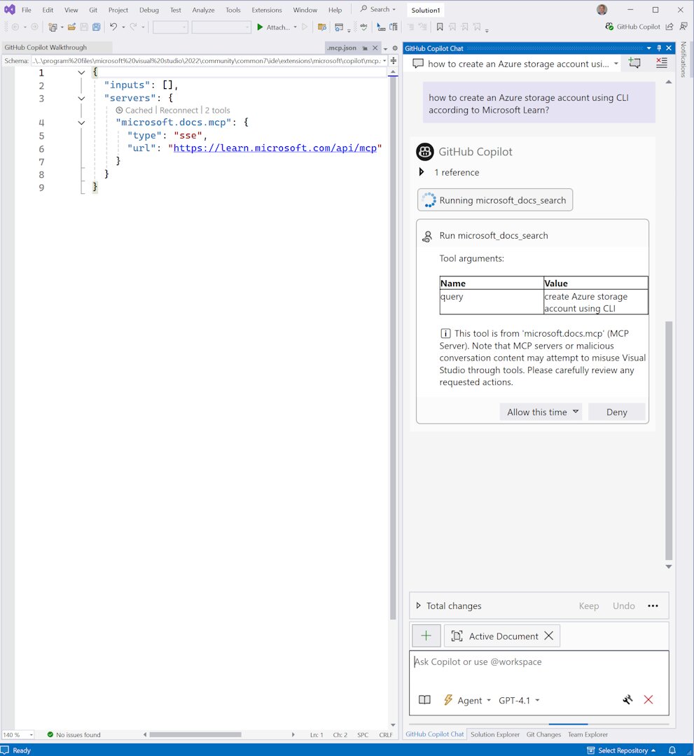 Visual Studio with Learn MCP Server configured in mcp.json, showing GitHub Copilot Chat running a microsoft_docs_search query for Azure storage
