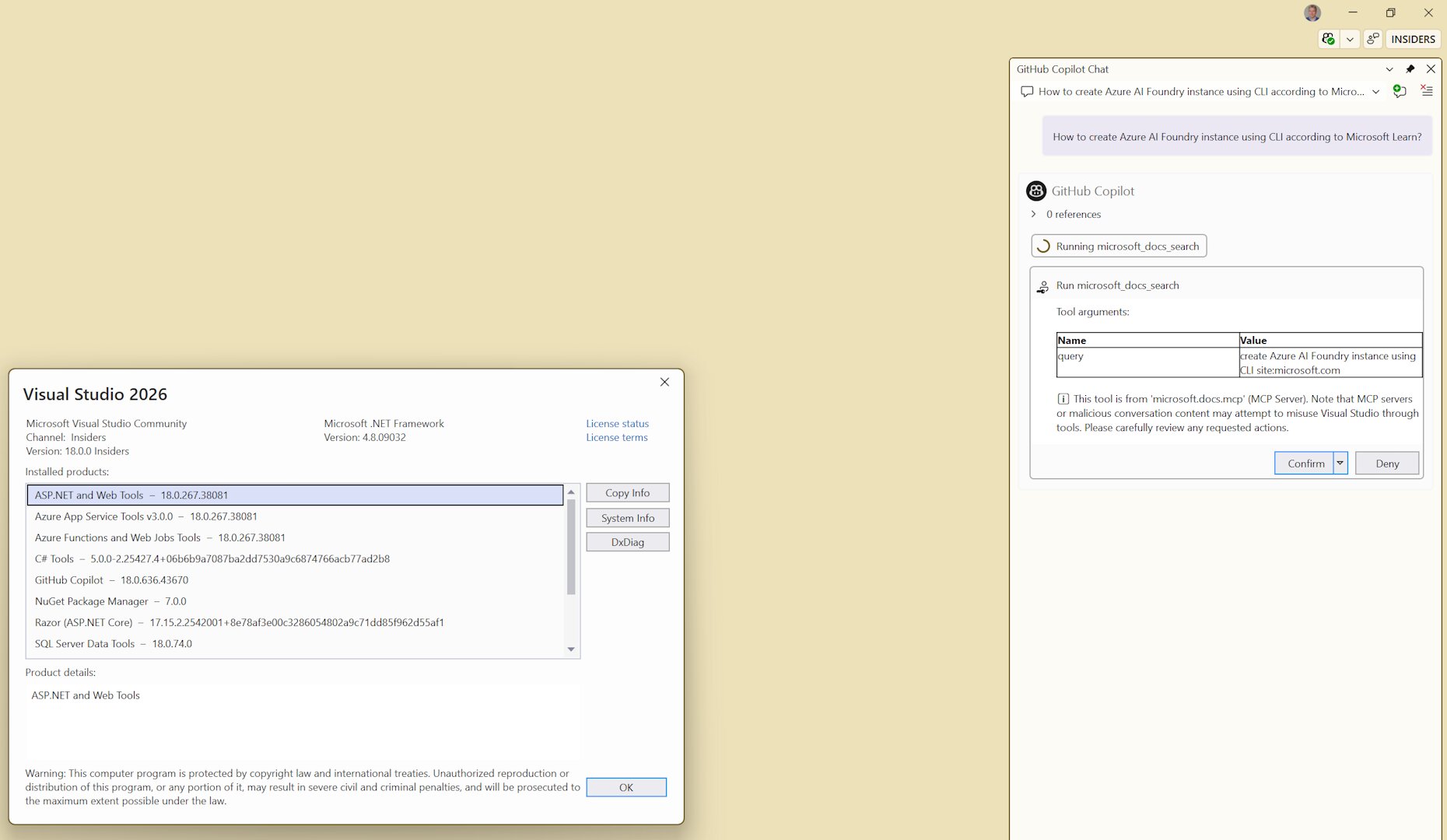 Visual Studio 2026 Insiders about dialog alongside GitHub Copilot Chat using Learn MCP Server to search for Azure AI Foundry CLI docs