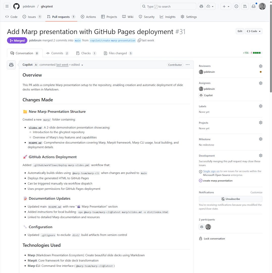 GitHub pull request created by Copilot to add a Marp presentation with GitHub Pages deployment to the ghcptest repository