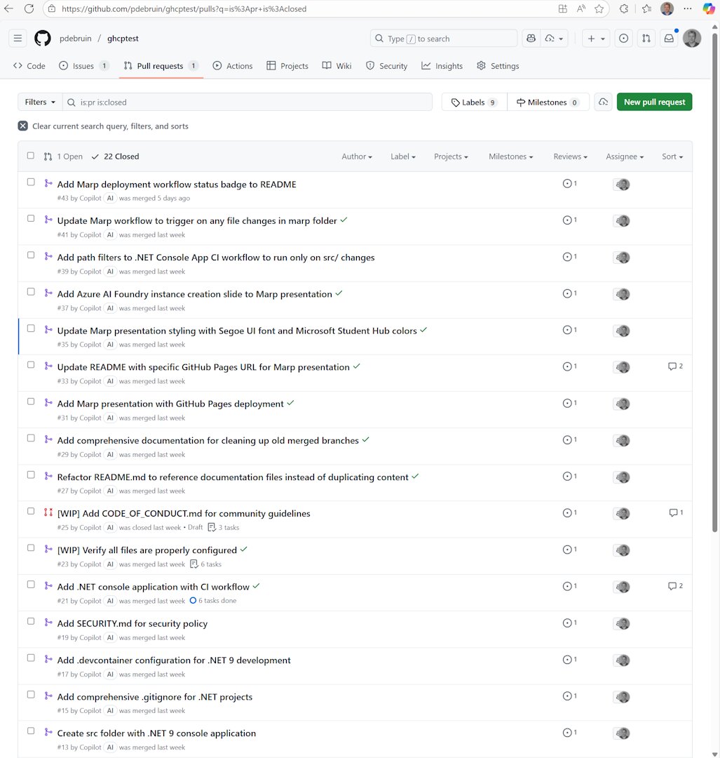 List of 22 closed pull requests in the ghcptest repository, all created by GitHub Copilot from issue assignments
