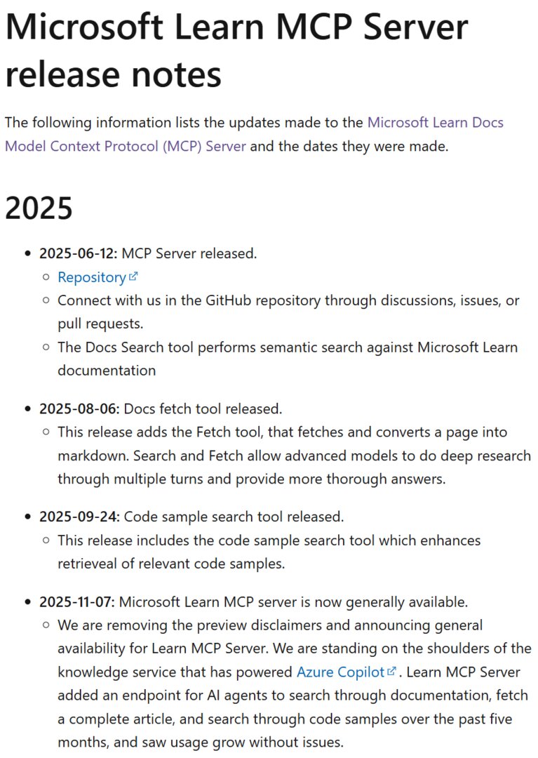 Learn MCP Server release notes page showing milestones from June to November 2025, including docs search, fetch, code samples, and GA announcement