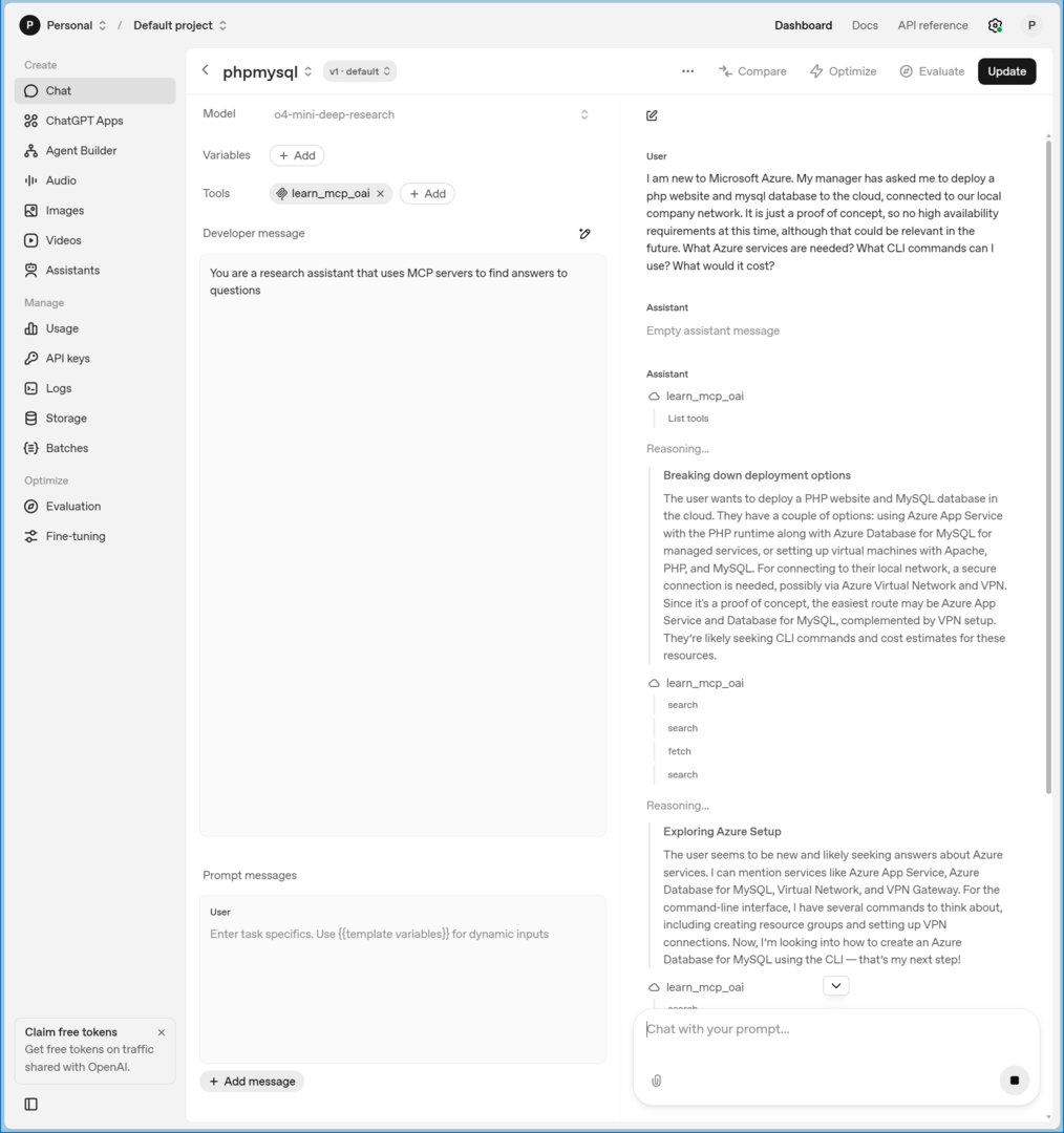 OpenAI platform showing deep research with Learn MCP Server, reasoning through Azure deployment options using search and fetch tools