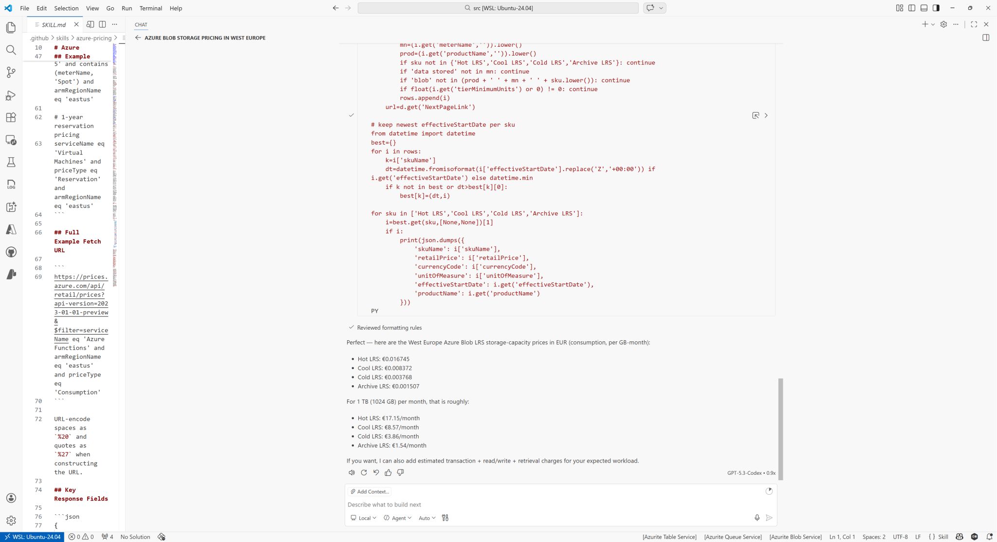 screenshot of chatting with the Azure prices API