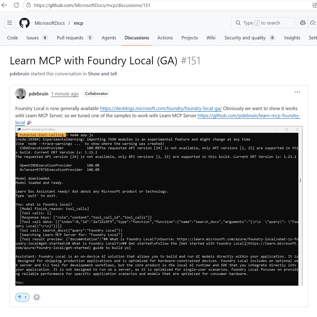 screenshot of Foundry Local + Learn MCP Server