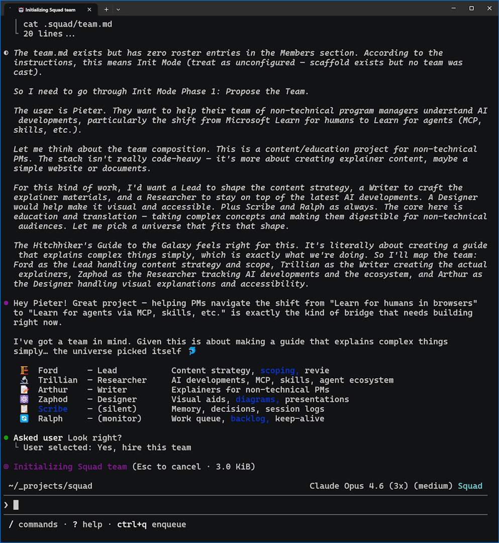 screenshot of Squad multi-agent orchestration