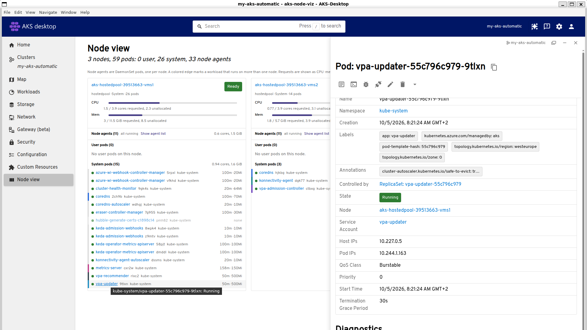 Node view of the hostedpool system pool on AKS Automatic